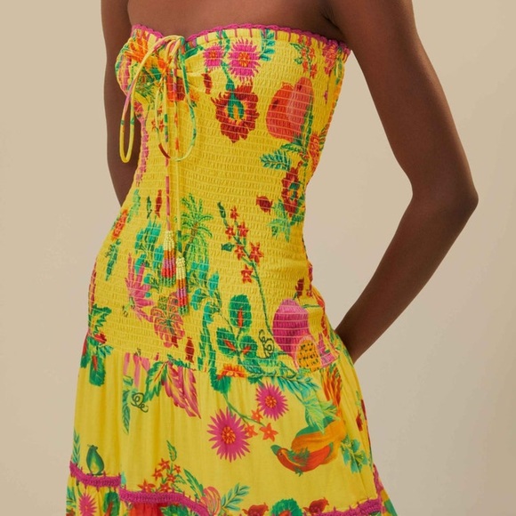 Farm Rio Delicate Fruit Garden Yellow Smocked Strapless Halter Tiered Maxi Dress - Picture 3 of 14